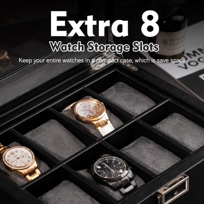 Casella automatica per orologi doppi con 8 caselle di stoccaggio extra, casella automatica per orologi doppi con organizzatore di gioielli,