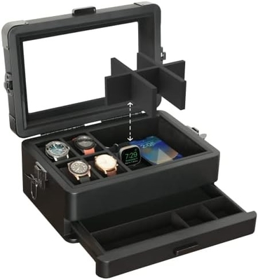 CASE ELEGANCE Military 10 Slot Watch Box Case Organizer per Uomini, vera top di vetro, modulare valet tray,