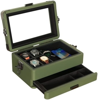 CASE ELEGANCE Military 10 Slot Watch Box Case Organizer per Uomini, vera top di vetro, modulare valet tray,
