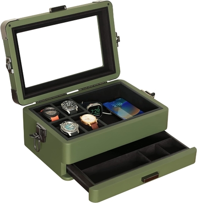 CASE ELEGANCE Military 10 Slot Watch Box Case Organizer per Uomini, vera top di vetro, modulare valet tray,