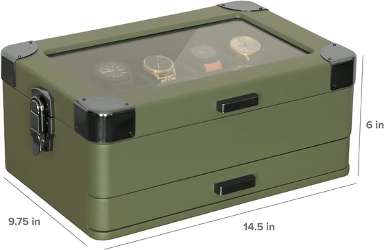 CASE ELEGANCE Military 10 Slot Watch Box Case Organizer per Uomini, vera top di vetro, modulare valet tray,