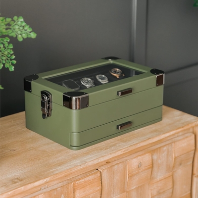 CASE ELEGANCE Military 10 Slot Watch Box Case Organizer per Uomini, vera top di vetro, modulare valet tray,