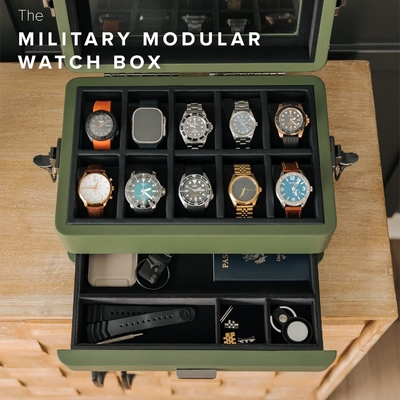 CASE ELEGANCE Military 10 Slot Watch Box Case Organizer per Uomini, vera top di vetro, modulare valet tray,