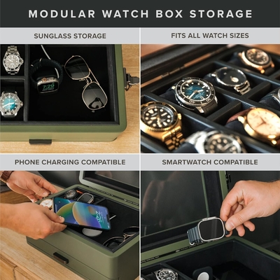 CASE ELEGANCE Military 10 Slot Watch Box Case Organizer per Uomini, vera top di vetro, modulare valet tray,