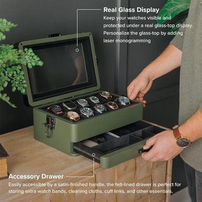 CASE ELEGANCE Military 10 Slot Watch Box Case Organizer per Uomini, vera top di vetro, modulare valet tray,
