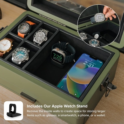 CASE ELEGANCE Military 10 Slot Watch Box Case Organizer per Uomini, vera top di vetro, modulare valet tray,