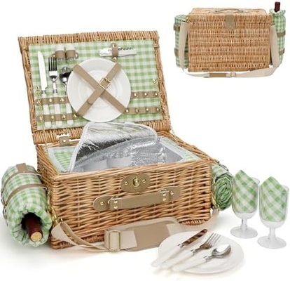 Cesto da picnic di vucca con coperchio e maniglia corpo tessuto robusto con rivestimento lavabile per Pasqua, festa della mamma, campeggio all'aperto