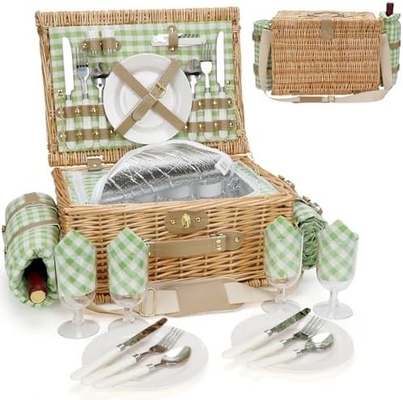 Cesto da picnic di vucca con coperchio e maniglia corpo tessuto robusto con rivestimento lavabile per Pasqua, festa della mamma, campeggio all'aperto