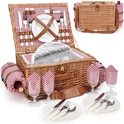 Cesto da picnic di vucca con coperchio e maniglia corpo tessuto robusto con rivestimento lavabile per Pasqua, festa della mamma, campeggio all'aperto