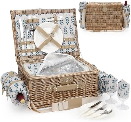 Cesto da picnic di vucca con coperchio e maniglia corpo tessuto robusto con rivestimento lavabile per Pasqua, festa della mamma, campeggio all'aperto