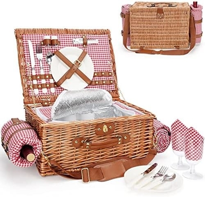 Cesto da picnic di vucca con coperchio e maniglia corpo tessuto robusto con rivestimento lavabile per Pasqua, festa della mamma, campeggio all'aperto