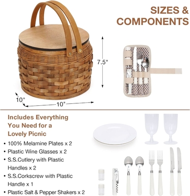 Piccoli cestini da picnic con raffreddatore isolato, cestino da picnic per 2 persone, cestino da legno, con 2 set