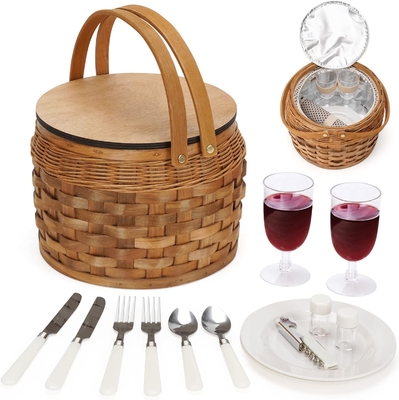 Piccoli cestini da picnic con raffreddatore isolato, cestino da picnic per 2 persone, cestino da legno, con 2 set