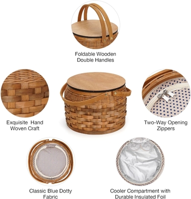 Piccoli cestini da picnic con raffreddatore isolato, cestino da picnic per 2 persone, cestino da legno, con 2 set