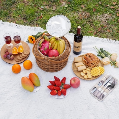 Piccoli cestini da picnic con raffreddatore isolato, cestino da picnic per 2 persone, cestino da legno, con 2 set