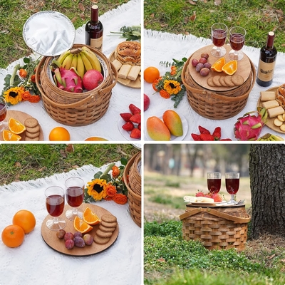 Piccoli cestini da picnic con raffreddatore isolato, cestino da picnic per 2 persone, cestino da legno, con 2 set