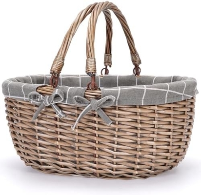 G GOOD GAIN Cestino da picnic di vucca con maniglie pieghevoli doppie, cesto da picnic Willow, cesto di Pasqua tessuto a mano naturale,