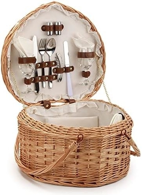 Cesto da picnic per 2 picnic a forma di cuore vuoto tessuto di vucca di salice di legno, zaino con maniglia di copertura del coperchio