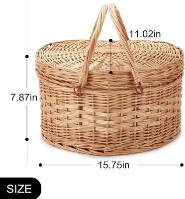 Cesto da picnic per 2 picnic a forma di cuore vuoto tessuto di vucca di salice di legno, zaino con maniglia di copertura del coperchio