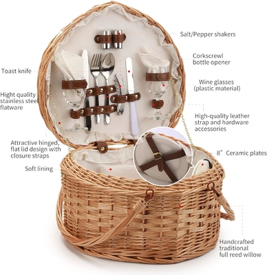 Cesto da picnic per 2 picnic a forma di cuore vuoto tessuto di vucca di salice di legno, zaino con maniglia di copertura del coperchio