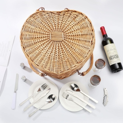 Cesto da picnic per 2 picnic a forma di cuore vuoto tessuto di vucca di salice di legno, zaino con maniglia di copertura del coperchio