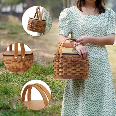 Piccolo cesto da picnic con frigorifero isolato, cesto da picnic per 2 persone, cesto da legno,