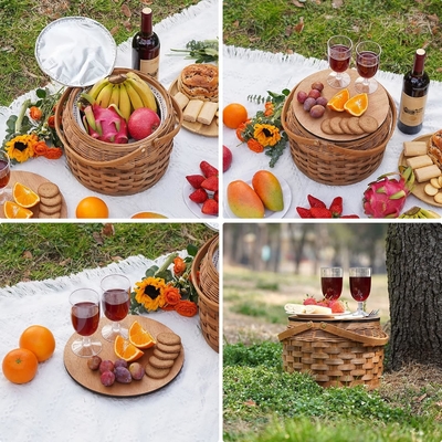 Piccolo cesto da picnic con frigorifero isolato, cesto da picnic per 2 persone, cesto da legno,