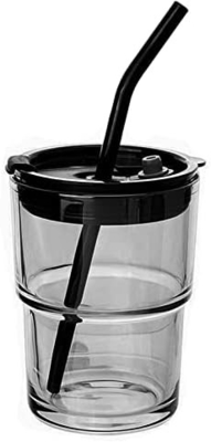 Vaso d'acqua da 400 ml, tazze con paglia e coperchio sigillato Portate per il caffè, il tè ghiacciato, vetro isolato a parete spessa