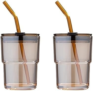 Vaso d'acqua da 400 ml, tazze con paglia e coperchio sigillato Portate per il caffè, il tè ghiacciato, vetro isolato a parete spessa