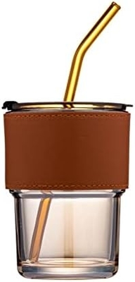 Vaso d'acqua da 400 ml, tazze con paglia e coperchio sigillato Portate per il caffè, il tè ghiacciato, vetro isolato a parete spessa