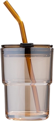 Vaso d'acqua da 400 ml, tazze con paglia e coperchio sigillato Portate per il caffè, il tè ghiacciato, vetro isolato a parete spessa