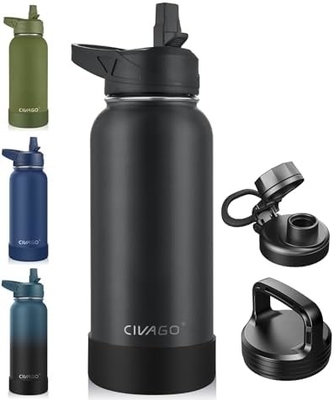 32 oz Bottiglia d'acqua isolata con paglia, bicchiere sportiva in acciaio inossidabile con 3 coperchi (paglia, becco e coperchio del manico)