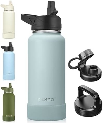 32 oz Bottiglia d'acqua isolata con paglia, bicchiere sportiva in acciaio inossidabile con 3 coperchi (paglia, becco e coperchio del manico)