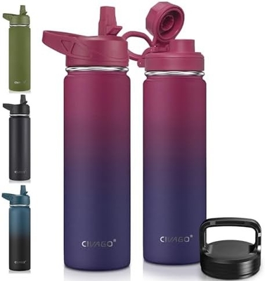 32 oz Bottiglia d'acqua isolata con paglia, bicchiere sportiva in acciaio inossidabile con 3 coperchi (paglia, becco e coperchio del manico)