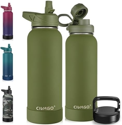 32 oz Bottiglia d'acqua isolata con paglia, bicchiere sportiva in acciaio inossidabile con 3 coperchi (paglia, becco e coperchio del manico)