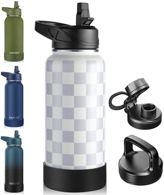 32 oz Bottiglia d'acqua isolata con paglia, bicchiere sportiva in acciaio inossidabile con 3 coperchi (paglia, becco e coperchio del manico)