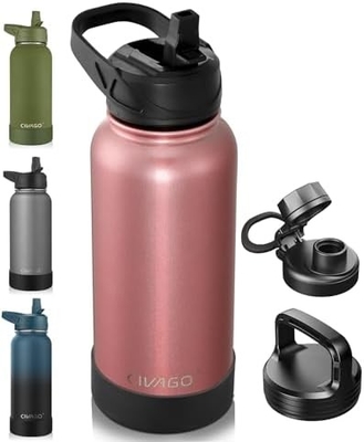 32 oz Bottiglia d'acqua isolata con paglia, bicchiere sportiva in acciaio inossidabile con 3 coperchi (paglia, becco e coperchio del manico)
