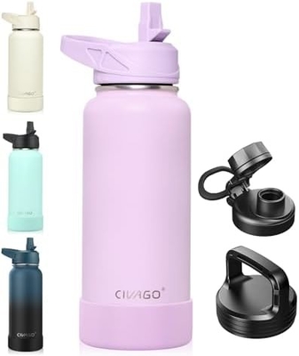 32 oz Bottiglia d'acqua isolata con paglia, bicchiere sportiva in acciaio inossidabile con 3 coperchi (paglia, becco e coperchio del manico)