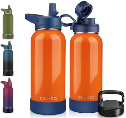 32 oz Bottiglia d'acqua isolata con paglia, bicchiere sportiva in acciaio inossidabile con 3 coperchi (paglia, becco e coperchio del manico)