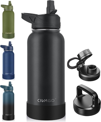 32 oz Bottiglia d'acqua isolata con paglia, bicchiere sportiva in acciaio inossidabile con 3 coperchi (paglia, becco e coperchio del manico)