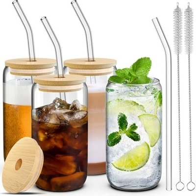 4 Set di tazze di vetro con coperchi e cannucce 16 once, Set di bicchieri da bere, Tazza di caffè ghiacciato con coperchi di bambù,