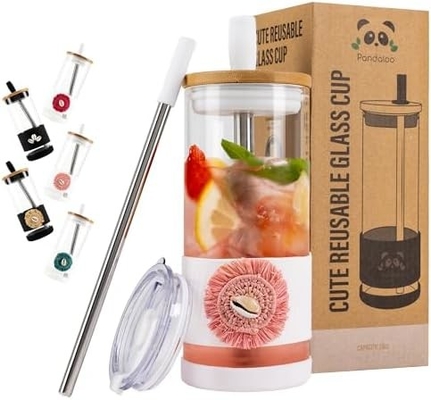 Tazze di vetro con coperchi e cannucce -20 Fl Oz- Tazza di caffè ghiacciato di dimensioni perfette - Tazza di frullato con bambù