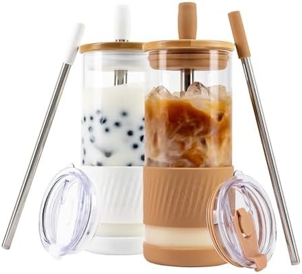 Tazze di vetro con coperchi e cannucce -20 Fl Oz- Tazza di caffè ghiacciato di dimensioni perfette - Tazza di frullato con bambù
