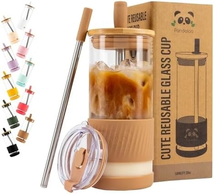 Tazze di vetro con coperchi e cannucce -20 Fl Oz- Tazza di caffè ghiacciato di dimensioni perfette - Tazza di frullato con bambù