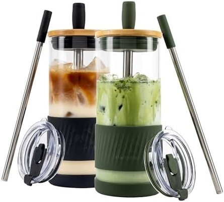 Tazze di vetro con coperchi e cannucce -20 Fl Oz- Tazza di caffè ghiacciato di dimensioni perfette - Tazza di frullato con bambù