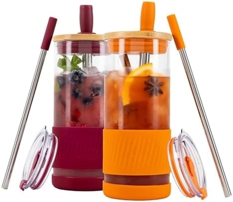 Tazze di vetro con coperchi e cannucce -20 Fl Oz- Tazza di caffè ghiacciato di dimensioni perfette - Tazza di frullato con bambù
