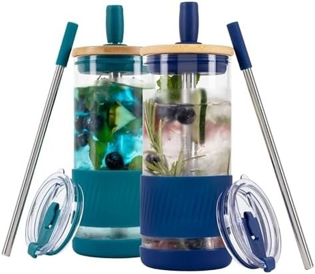 Tazze di vetro con coperchi e cannucce -20 Fl Oz- Tazza di caffè ghiacciato di dimensioni perfette - Tazza di frullato con bambù