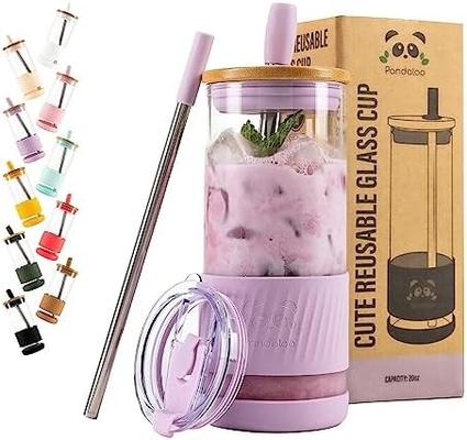 Tazze di vetro con coperchi e cannucce -20 Fl Oz- Tazza di caffè ghiacciato di dimensioni perfette - Tazza di frullato con bambù