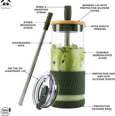 Tazze di vetro con coperchi e cannucce -20 Fl Oz- Tazza di caffè ghiacciato di dimensioni perfette - Tazza di frullato con bambù