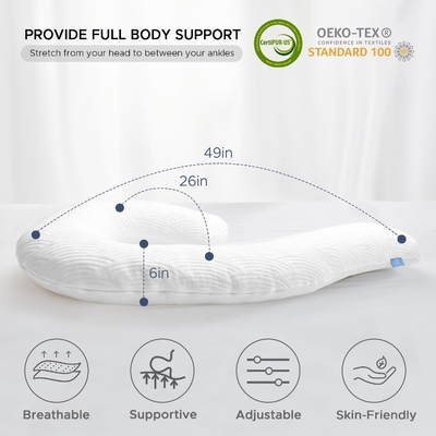 Cuscino corpo per adulti - cuscini da letto lunghi morbidi inserti per dormire - schiuma di memoria tritata e copertura lavabile rimovibile